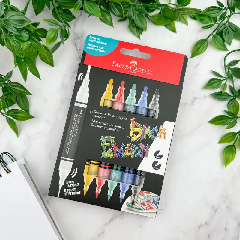 Fresh Stock Faber-Castell Black Edition Shake & Paint Acrylic Markers - 6 Pack