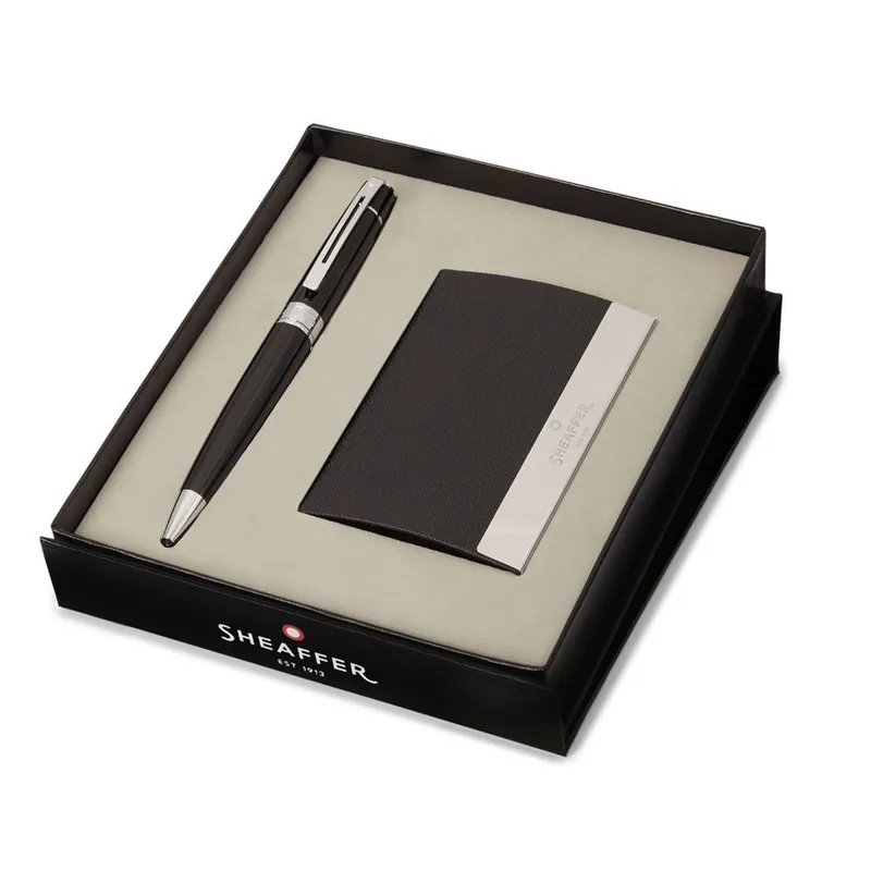 Sheaffer 100 G9317 Ballpoint Pen Matte Black with Nickel trim and Business Card Holder Set One Day Deal