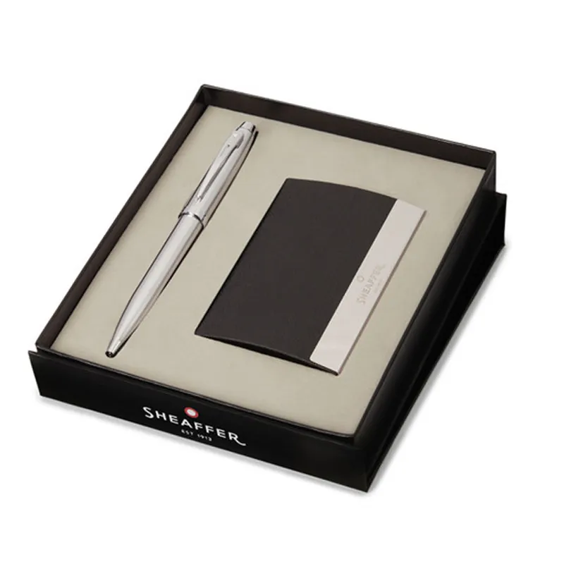 Sheaffer 100 G9306 Ballpoint Pen Chrome with Nickel Trim and Business Card Holder Set Worldwide Shipping